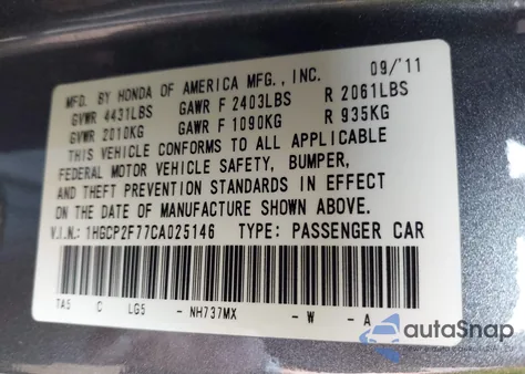 2012 Honda Accord 2.4 Ex z USA, uszkodzony, nr VIN 1HGCP2F77CA025146